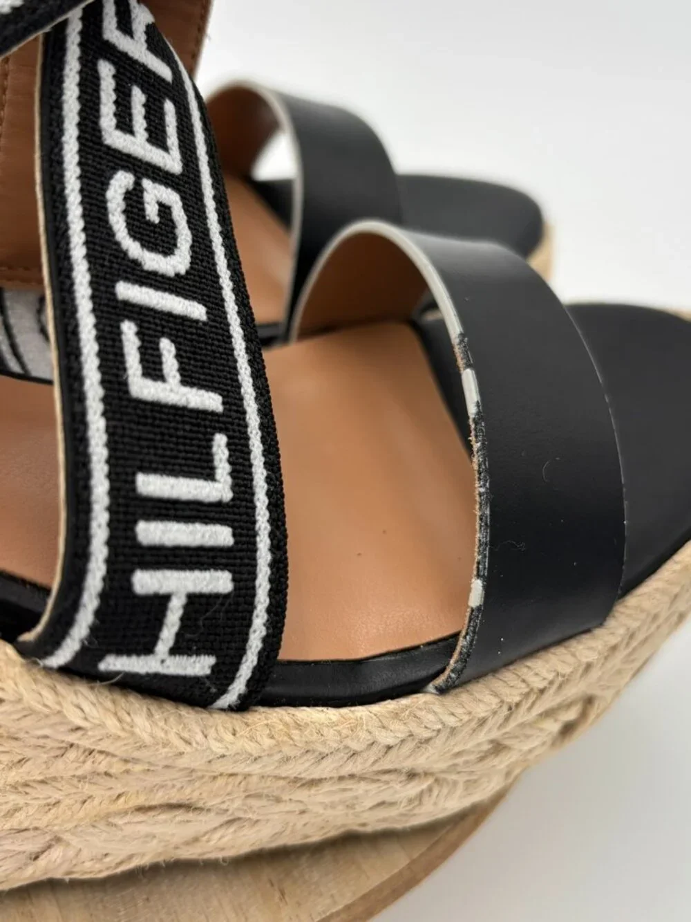 Tommy Hilfiger Black Logo Strap Espadrille Wedge Platform Sandals Shoes 9M